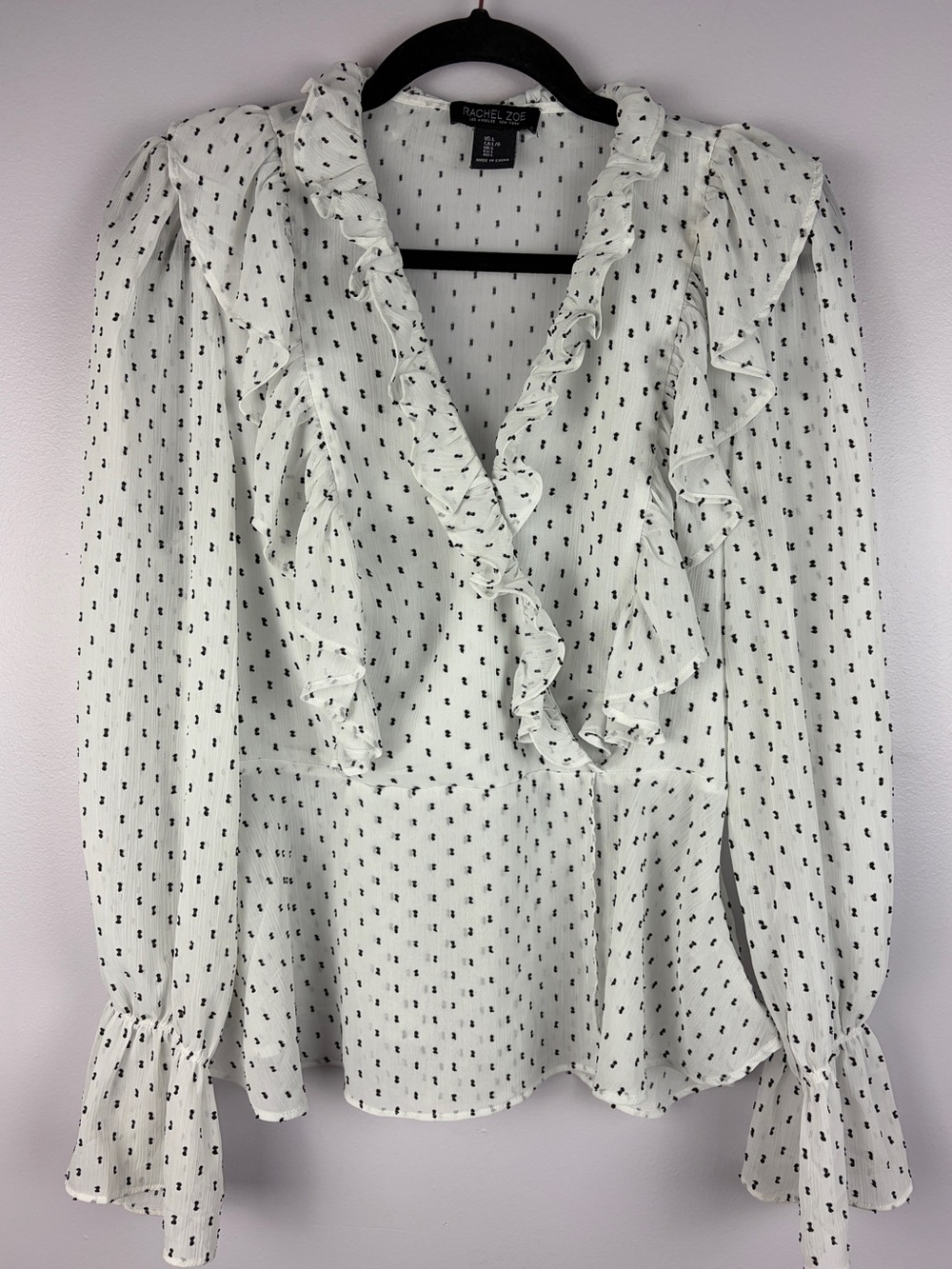 Rachel Zoe White Black Clip Dot Ruffle Peplum Sheer Blouse Large